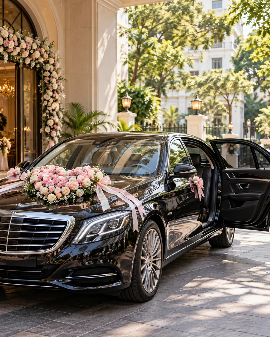 Mercedes S-Class kết hoa tươi rước dâu