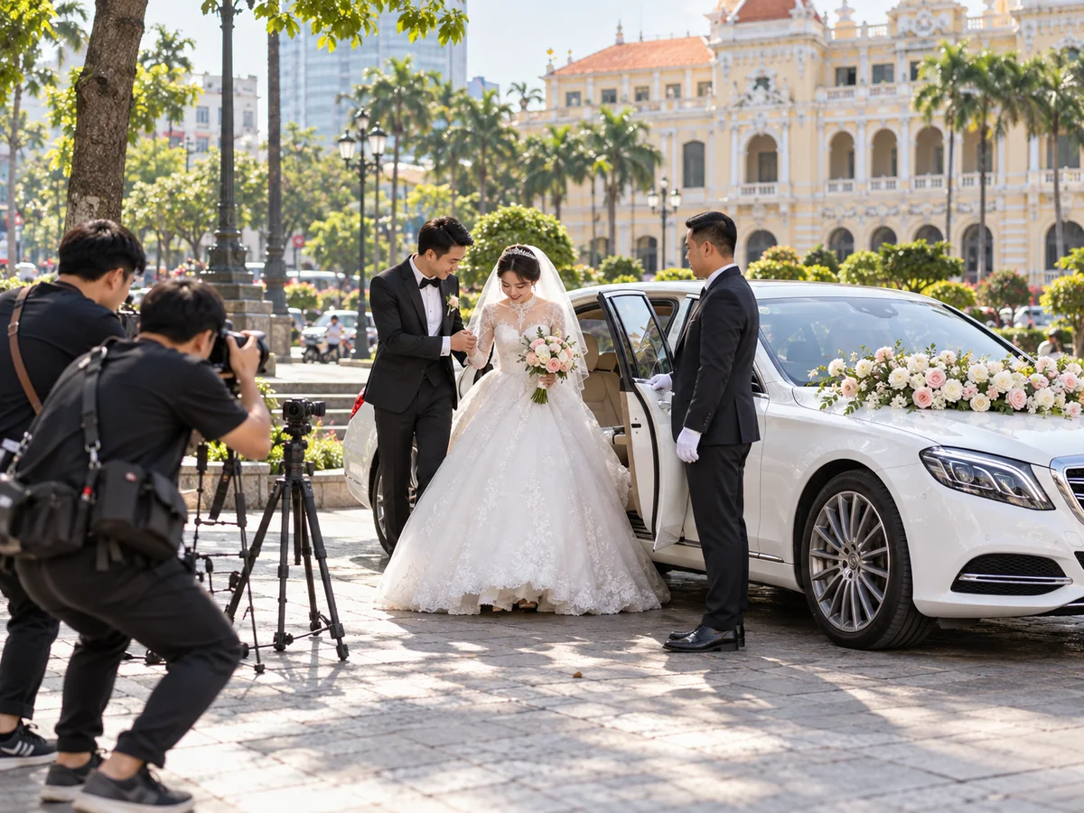 Xe hoa đưa cô dâu chụp ảnh