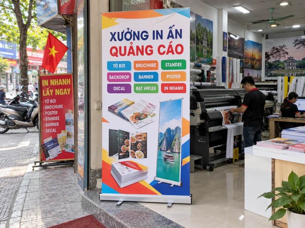 ?c mờ Từ 350đ/tờĐặt in StandeeGiao Quận 3 Standee cuốn khung chữ X in bạt hiflex In từ 1 – 50 tấm Khung nhôm chữ X chắc chắnBạt hiflex Hàn QuốcCó túi đựng mang theo Từ 180.000đ/